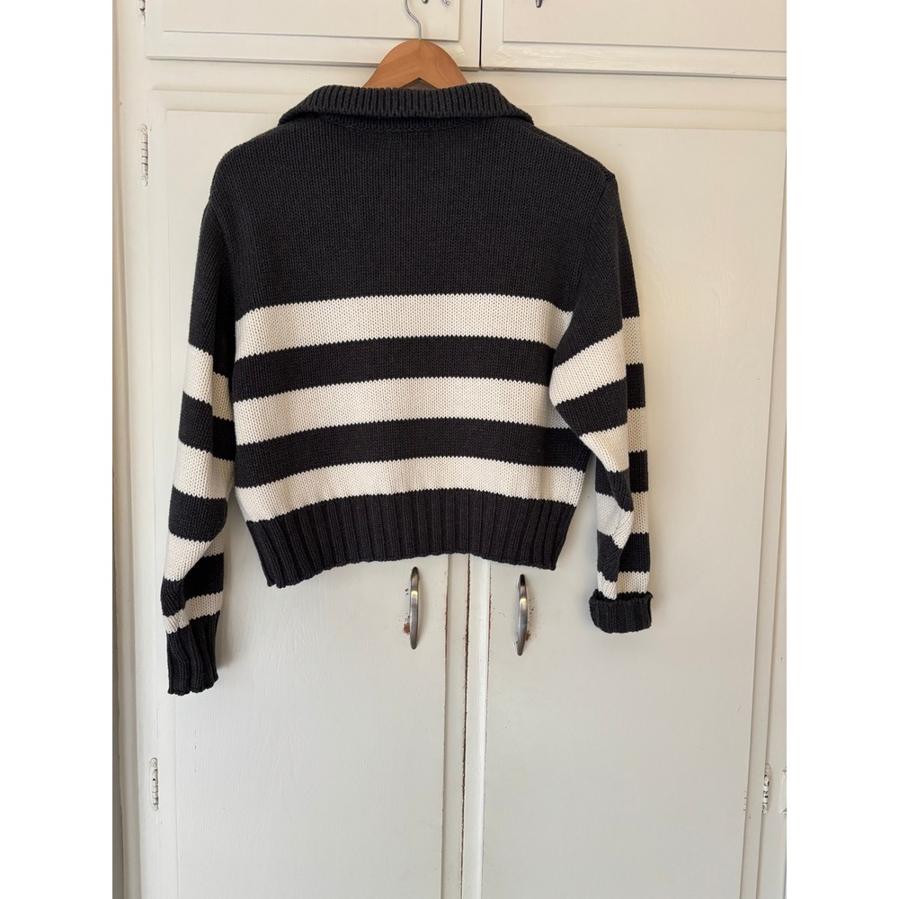 Quince Organic Cotton Striped Polo Sweater Charcoal Ivory XS Cropped V-Neck - Picture 4 of 10